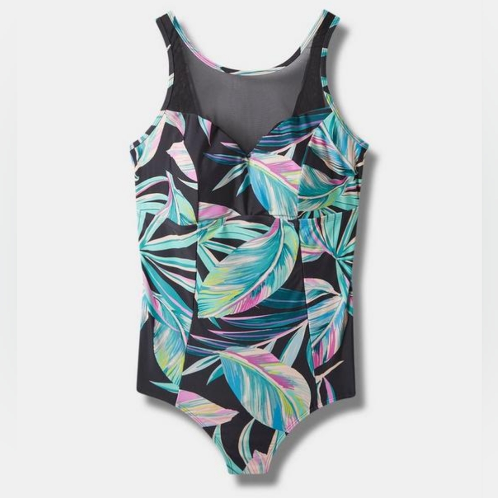 Wireless Mesh High Neck One Piece Swimsuit - Pretty Summer Leaves- Black